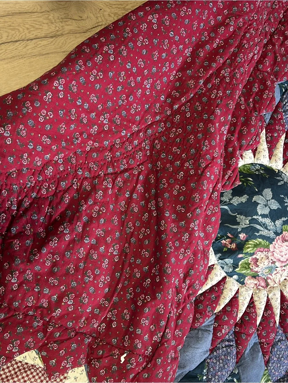 Handmade Floral Patchwork Quilted Bedspread in Navy, Burgundy, and Cream